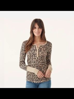 Splendid Leopard-Print Henley Long Sleeve Top - Beige/Brown